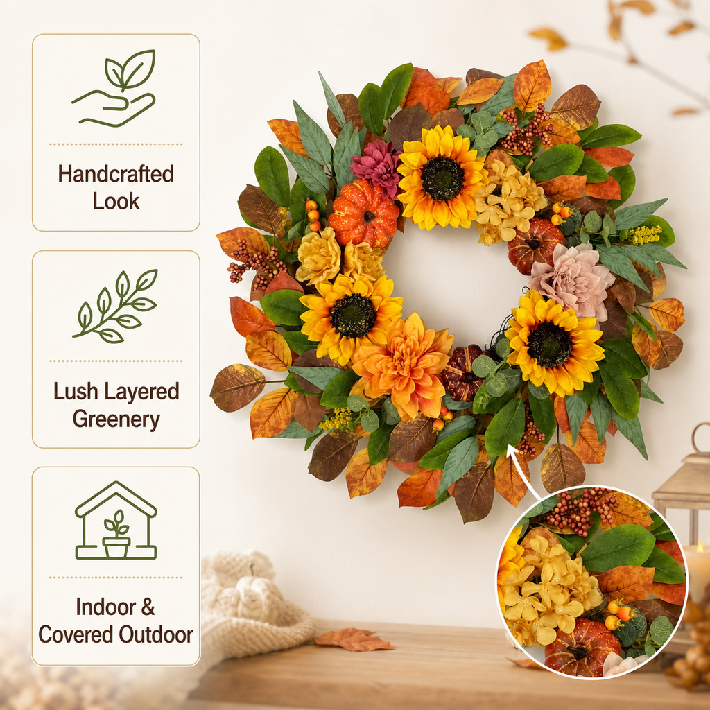 Fall Wreaths for Front Door 24 Inch, Autumn Wreath with Sunflowers, Pumpkins, Dahlias, Maple Leaves and Berries, Artificial Harvest Wreath for Thanksgiving Halloween Indoor Covered Outdoor Decor