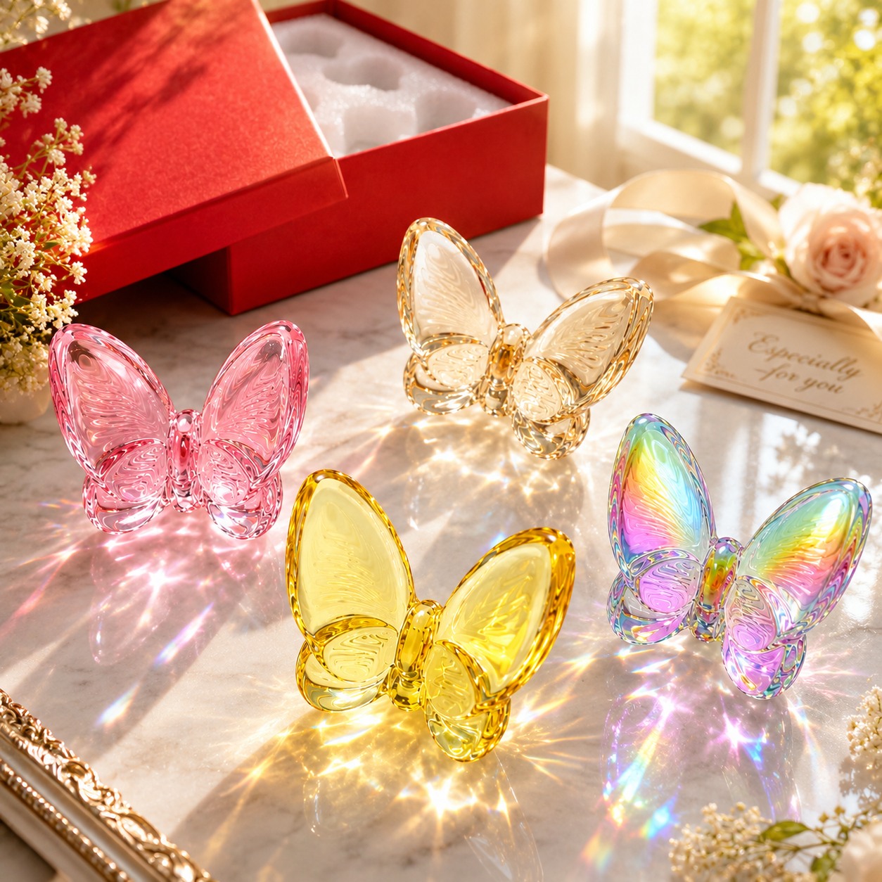 Crystal Butterfly Figurines Set of 4, 2.36 Inch K9 Crystal Butterfly Ornaments with Red Gift Box, Butterfly Decor Accents for Home, Christmas, Wedding, Birthday Gifts for Women(Multicolor 4pcs)