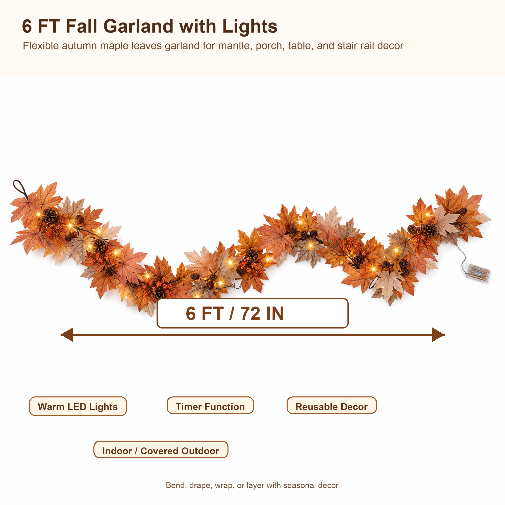 6 FT Fall Garland with Lights and Timer, Realistic Autumn Maple Leaves Garland with Berries and Pine Cones, Thanksgiving Decorations for Mantle Fireplace Porch Table Indoor Outdoor