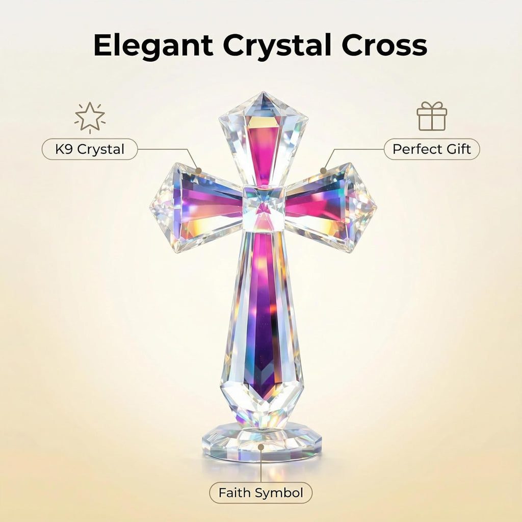 Hand-Carved Crystal Cross Desk Decor - 6 Inch Spiritual Gift for Christians, Clear K9 Crystal Religious Figurine with 360° Faceted Design, Home Altar & Office Inspirational Ornament