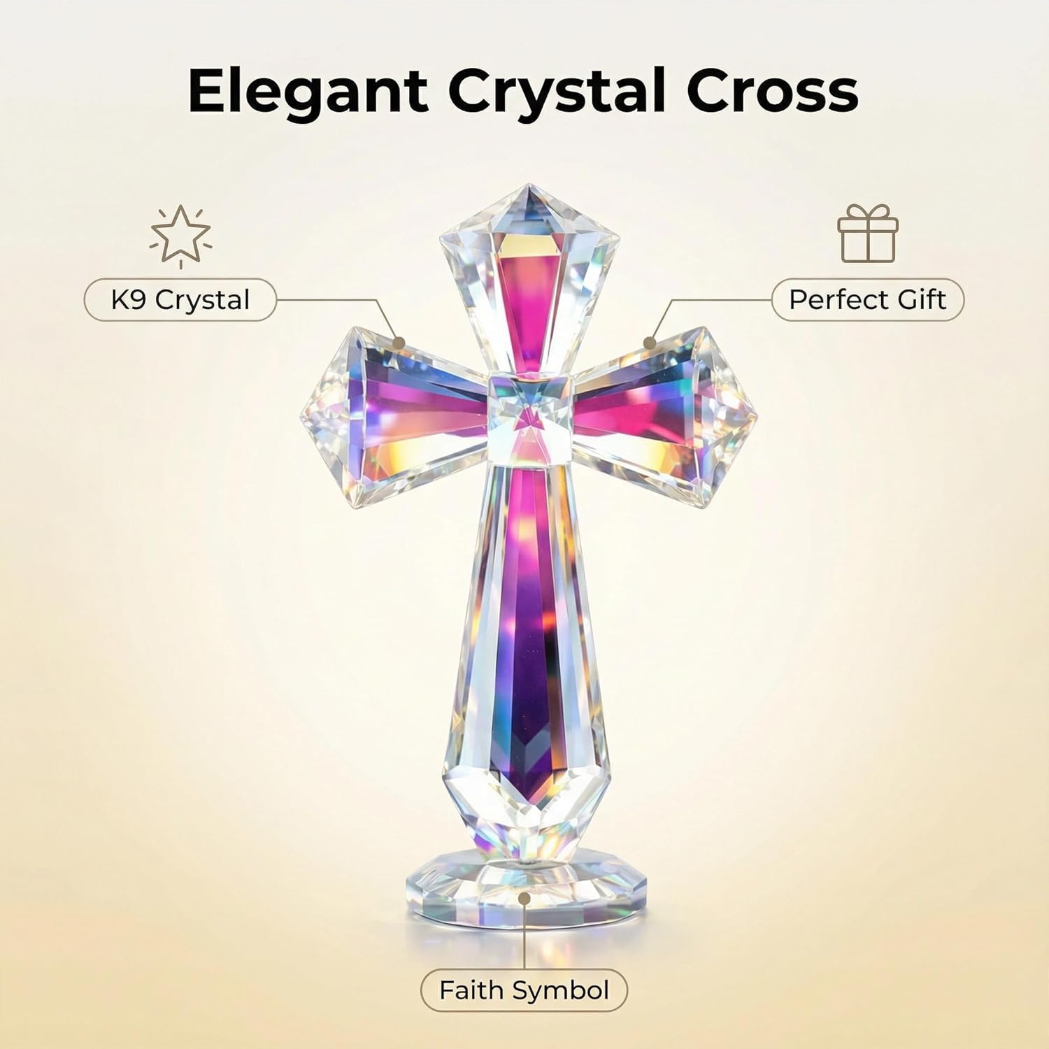 Hand-Carved Crystal Cross Desk Decor - 6 Inch Spiritual Gift for Christians, Clear K9 Crystal Religious Figurine with 360° Faceted Design, Home Altar & Office Inspirational Ornament
