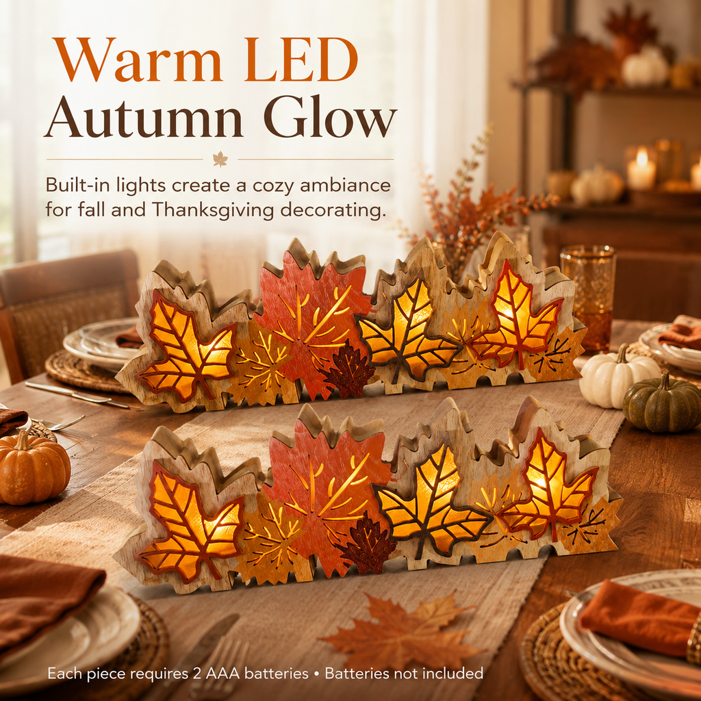2 Pack Lighted Fall Maple Leaf Decor, Wooden Thanksgiving Table Centerpieces with Warm LED Lights, 3D Autumn Harvest Farmhouse Decorations for Mantel Shelf Desk Home Office