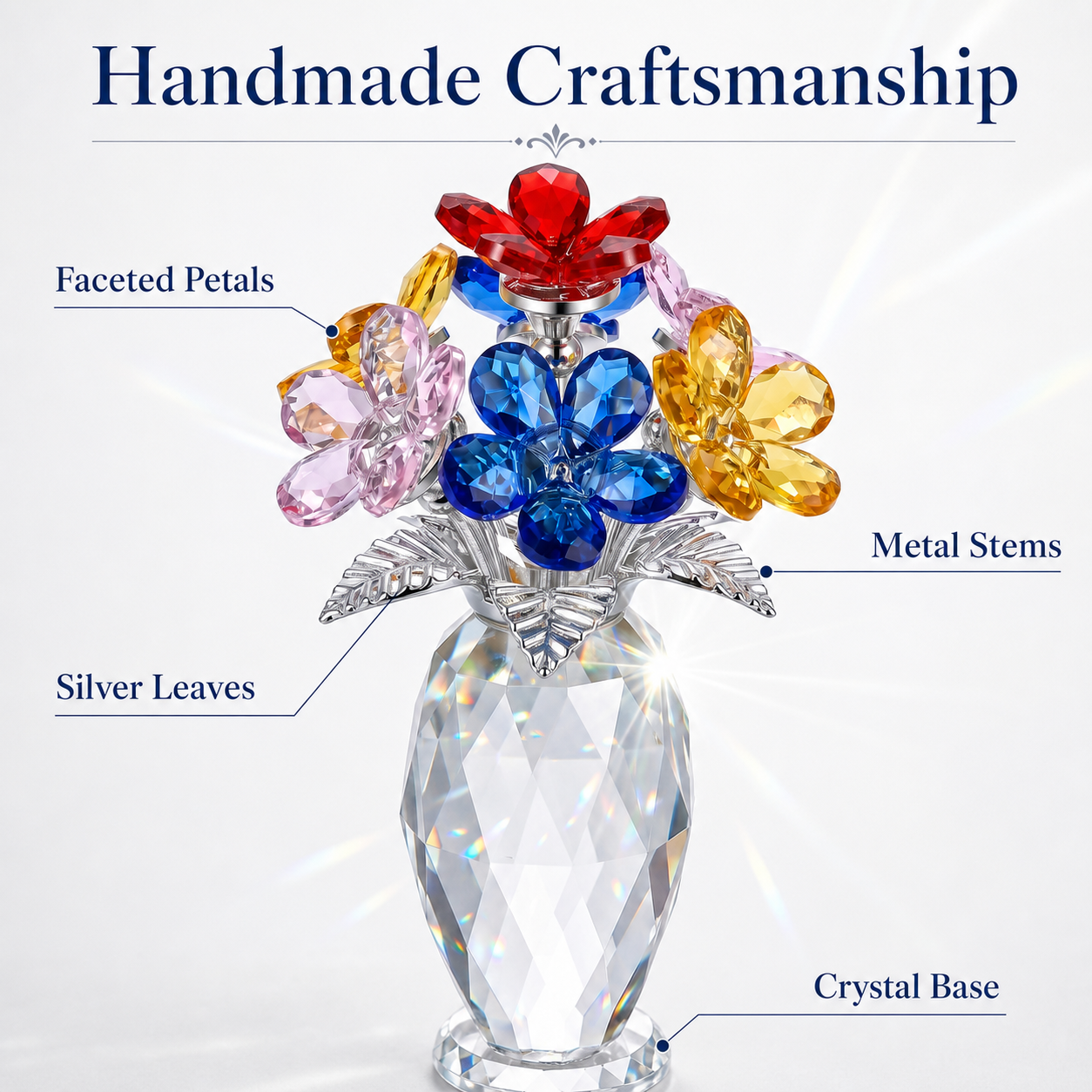 Colorful Crystal Flower Bouquet Figurine, Handmade K9 Crystal Glass Flowers Ornament with Red Pink Blue Yellow Blossoms, Forever Flower Collectible for Home Decor, Birthday Mother's Day
