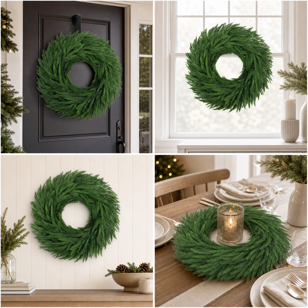 24 Inch Christmas Pine Wreath for Front Door with Hanger, Real Touch Artificial Green Wreath with Grapevine Base, Large Outdoor Indoor Holiday Farmhouse Winter Decor
