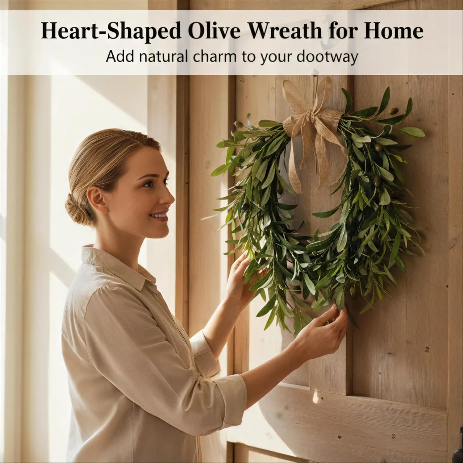 22" Heart Shaped Artificial Olive Leaf & Fruit Wreath - Realistic Green Olive Branches with Spring Floral Accents, Farmhouse Wall Door Wedding Arch Window Hanging for Indoor Outdoor Garden Decor（Single Pack）