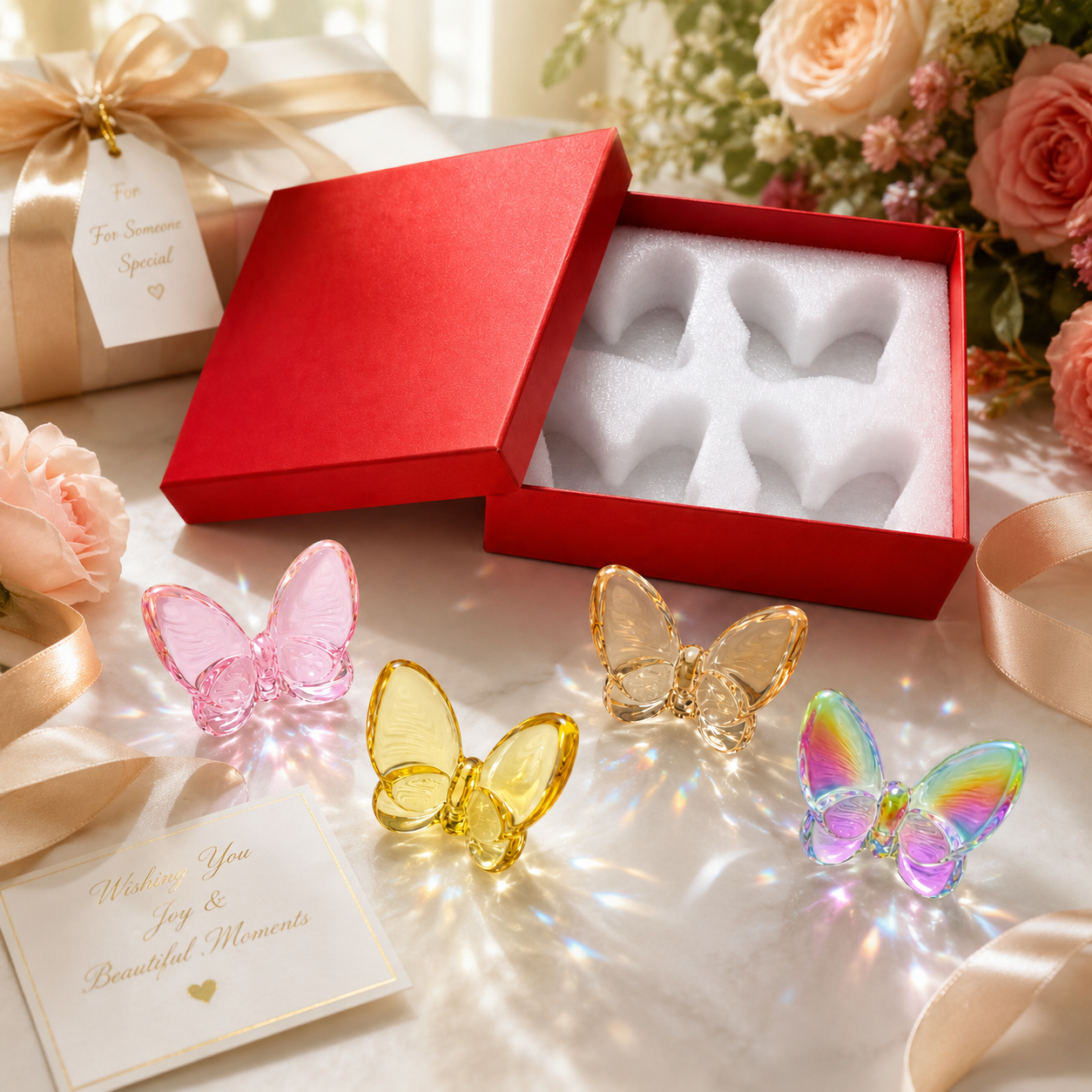 Crystal Butterfly Figurines Set of 4, 2.36 Inch K9 Crystal Butterfly Ornaments with Red Gift Box, Butterfly Decor Accents for Home, Christmas, Wedding, Birthday Gifts for Women(Multicolor 4pcs)