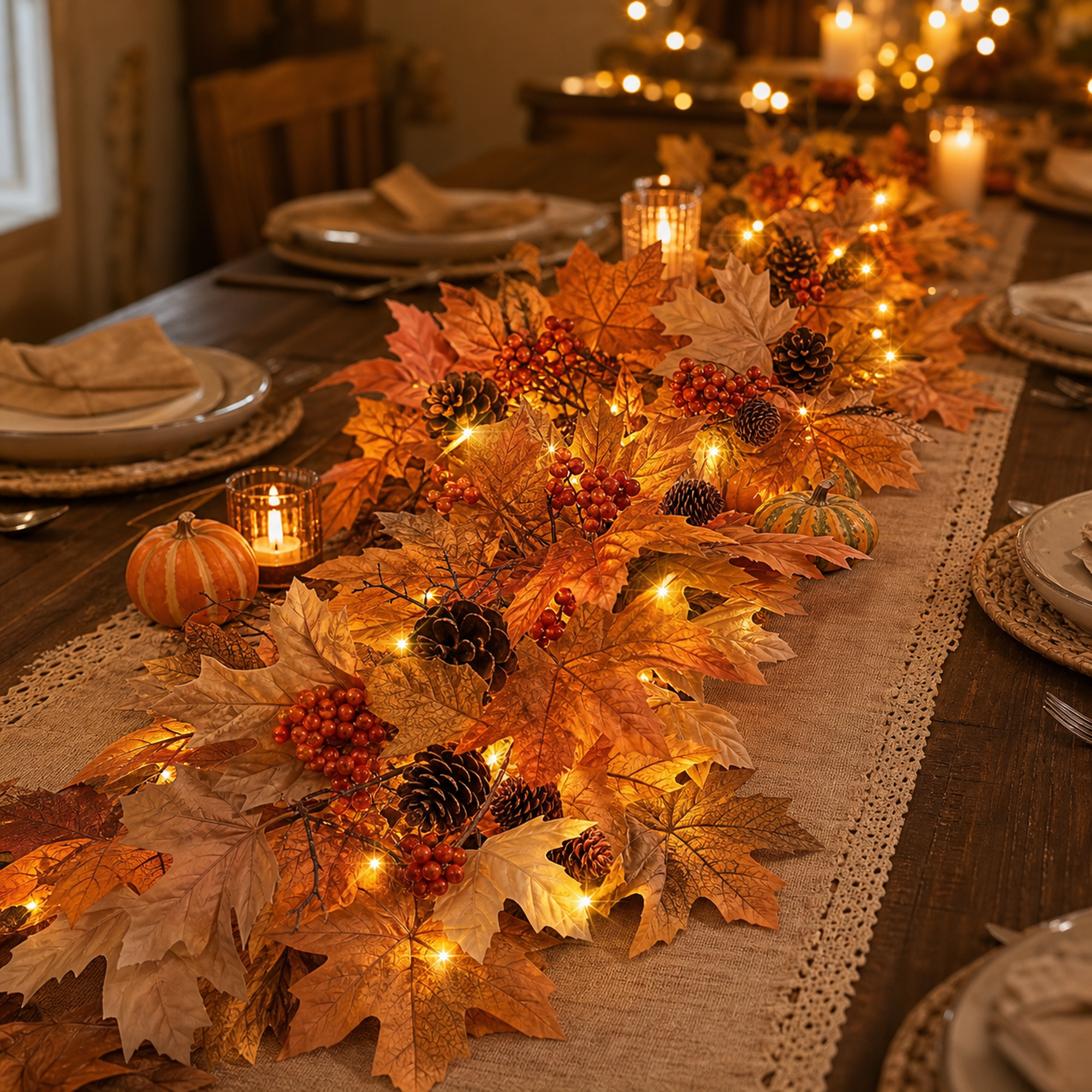 6 FT Fall Garland with Lights and Timer, Realistic Autumn Maple Leaves Garland with Berries and Pine Cones, Thanksgiving Decorations for Mantle Fireplace Porch Table Indoor Outdoor