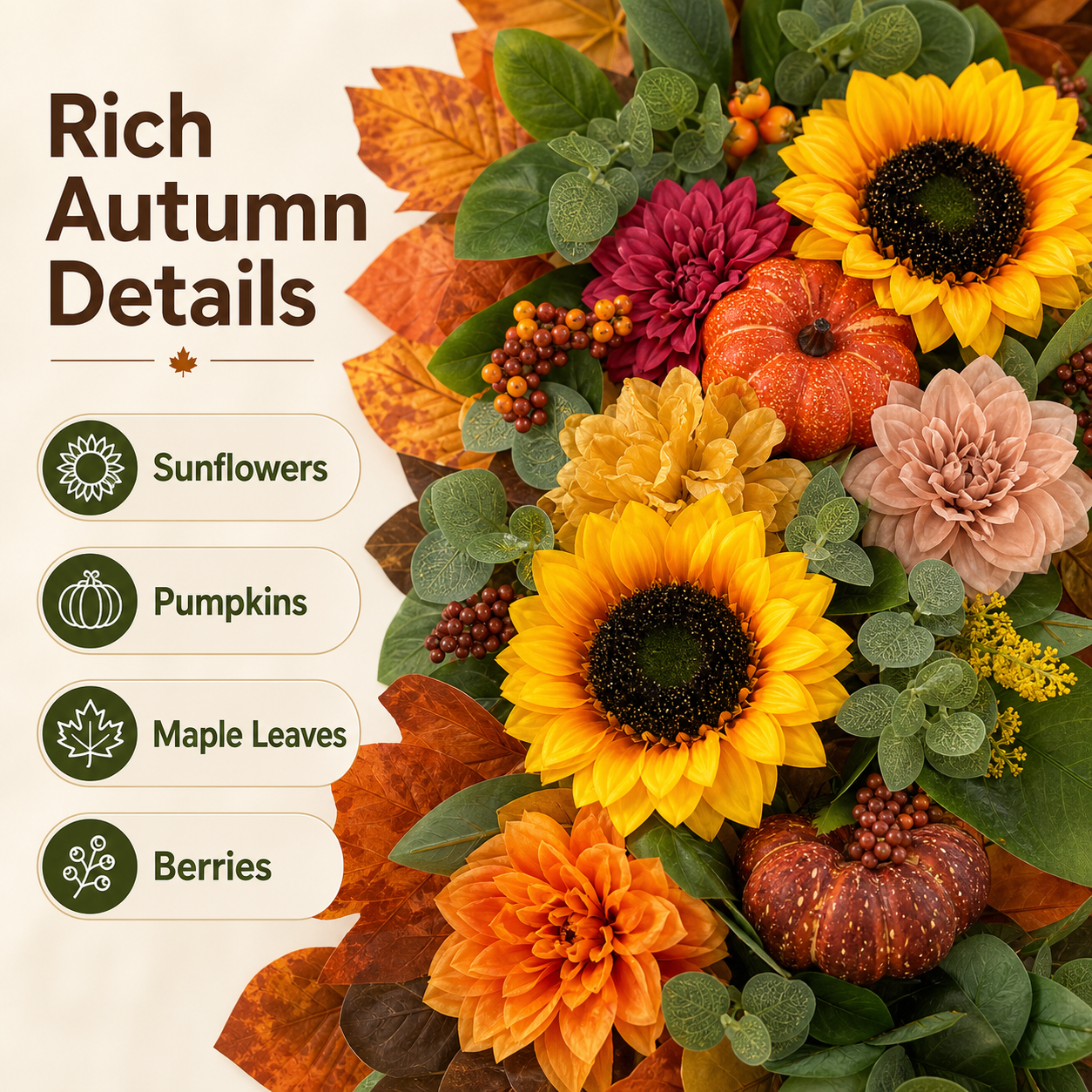 Fall Wreaths for Front Door 24 Inch, Autumn Wreath with Sunflowers, Pumpkins, Dahlias, Maple Leaves and Berries, Artificial Harvest Wreath for Thanksgiving Halloween Indoor Covered Outdoor Decor