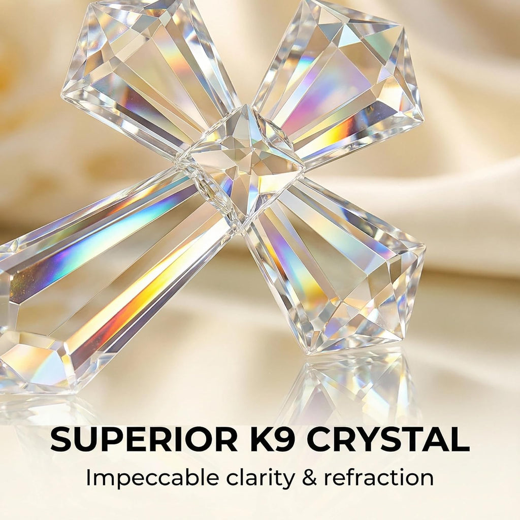 Hand-Carved Crystal Cross Desk Decor - 6 Inch Spiritual Gift for Christians, Clear K9 Crystal Religious Figurine with 360° Faceted Design, Home Altar & Office Inspirational Ornament