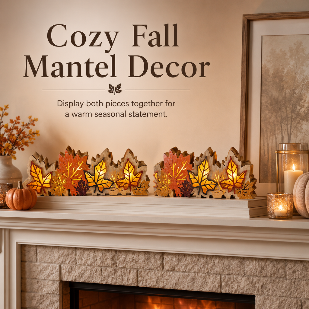 2 Pack Lighted Fall Maple Leaf Decor, Wooden Thanksgiving Table Centerpieces with Warm LED Lights, 3D Autumn Harvest Farmhouse Decorations for Mantel Shelf Desk Home Office