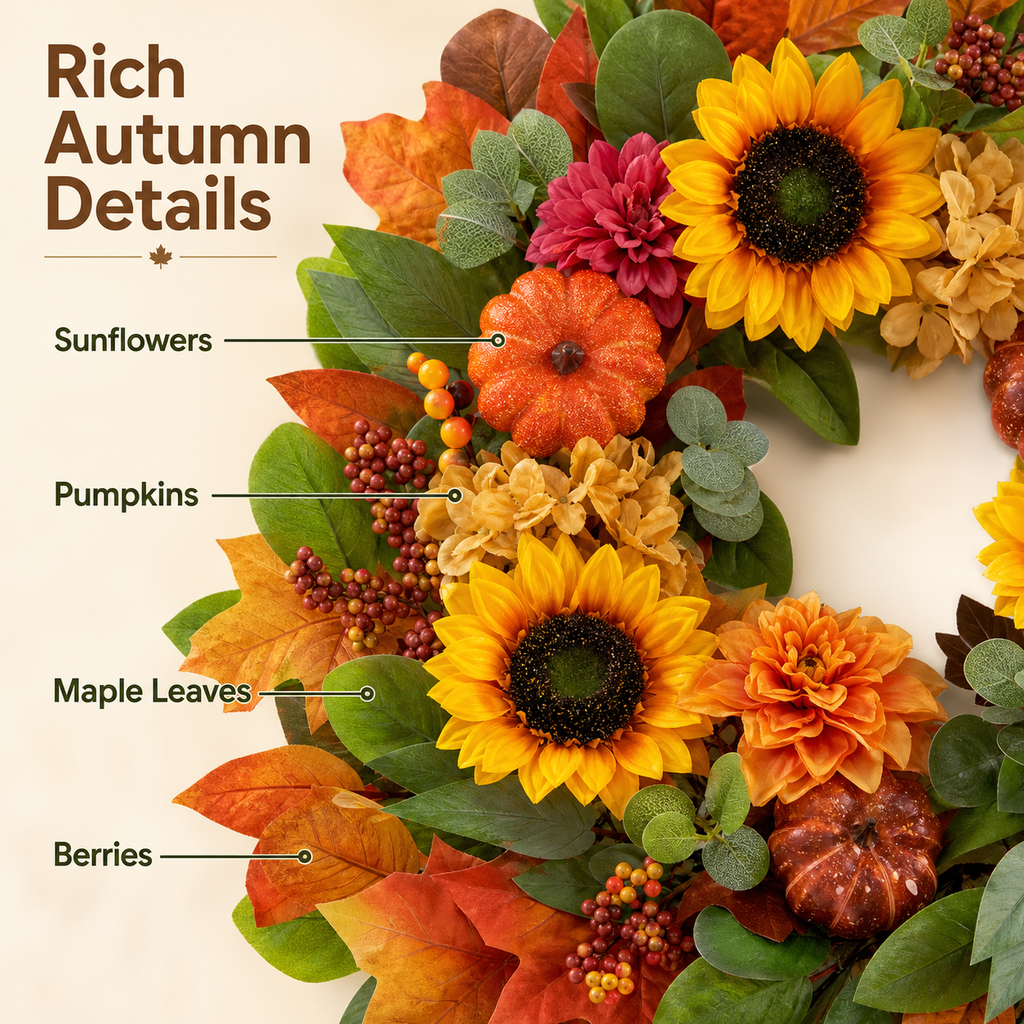 Fall Wreaths for Front Door 24 Inch, Autumn Wreath with Sunflowers, Pumpkins, Dahlias, Maple Leaves and Berries, Artificial Harvest Wreath for Thanksgiving Halloween Indoor Covered Outdoor Decor