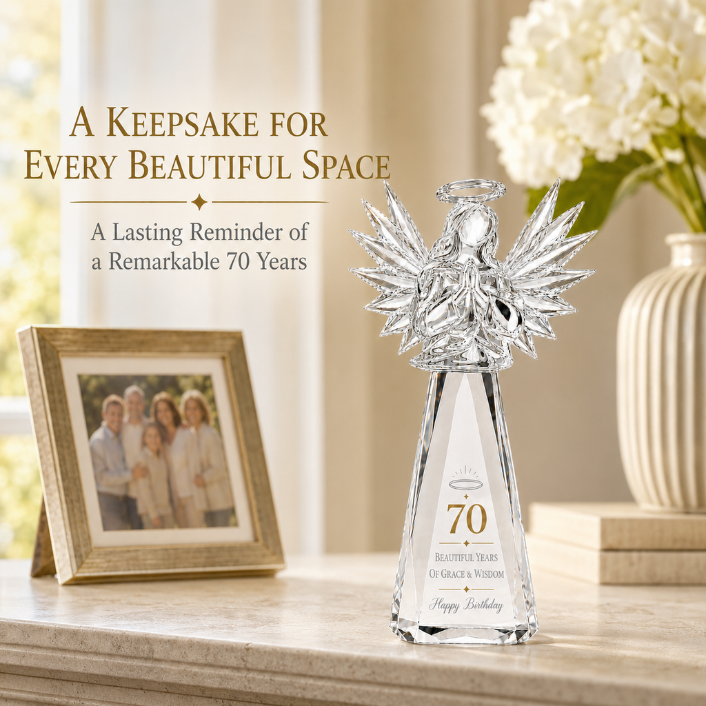 70th Birthday Gifts for Women, Clear Crystal Angel with Gift Box & Card