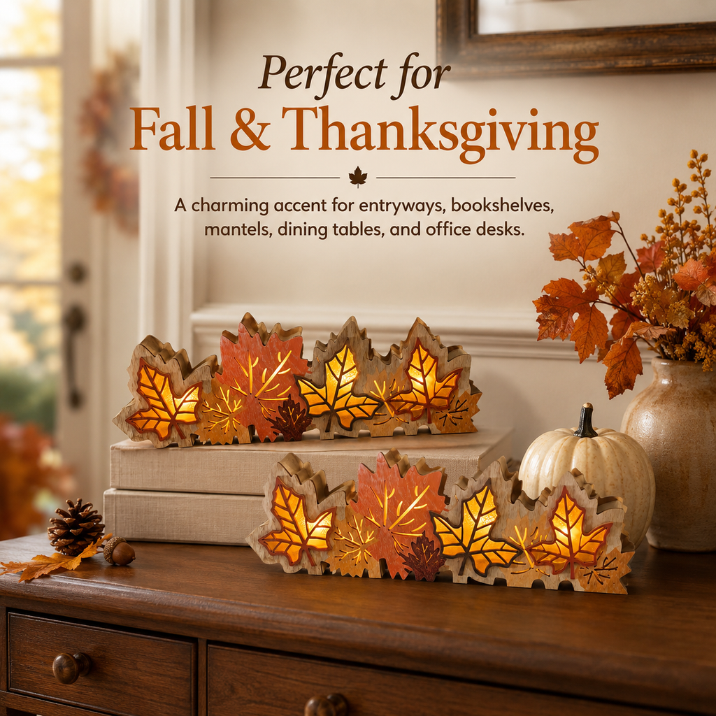 2 Pack Lighted Fall Maple Leaf Decor, Wooden Thanksgiving Table Centerpieces with Warm LED Lights, 3D Autumn Harvest Farmhouse Decorations for Mantel Shelf Desk Home Office