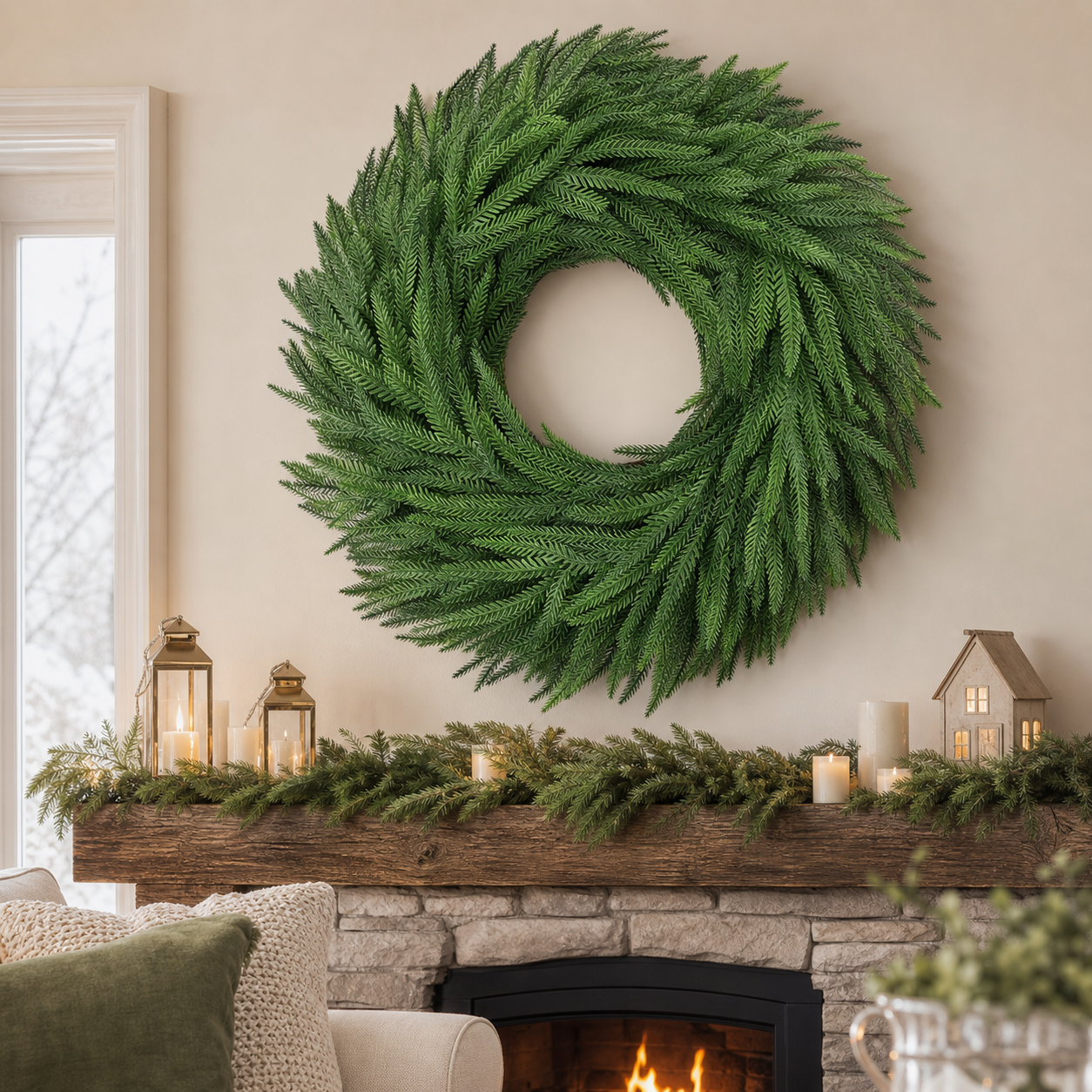 24 Inch Christmas Pine Wreath for Front Door with Hanger, Real Touch Artificial Green Wreath with Grapevine Base, Large Outdoor Indoor Holiday Farmhouse Winter Decor