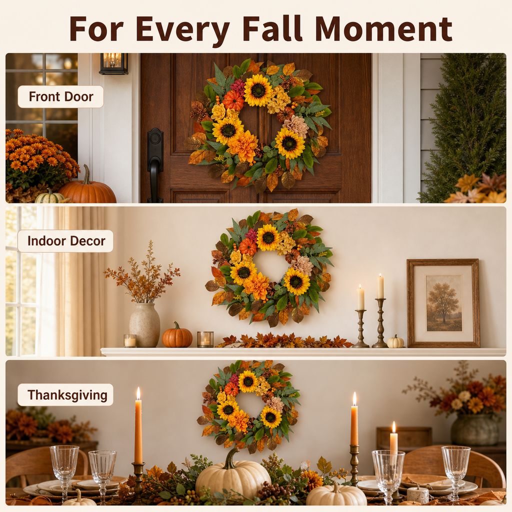 Fall Wreaths for Front Door 24 Inch, Autumn Wreath with Sunflowers, Pumpkins, Dahlias, Maple Leaves and Berries, Artificial Harvest Wreath for Thanksgiving Halloween Indoor Covered Outdoor Decor