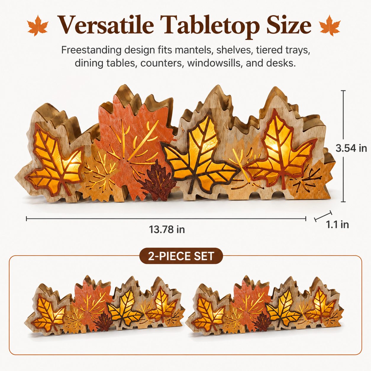 2 Pack Lighted Fall Maple Leaf Decor, Wooden Thanksgiving Table Centerpieces with Warm LED Lights, 3D Autumn Harvest Farmhouse Decorations for Mantel Shelf Desk Home Office