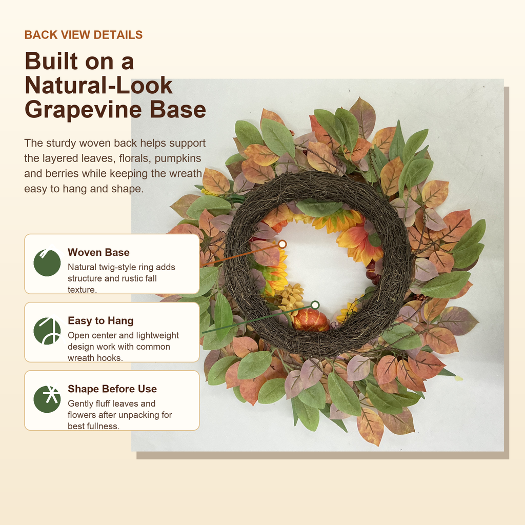 Fall Wreaths for Front Door 24 Inch, Autumn Wreath with Sunflowers, Pumpkins, Dahlias, Maple Leaves and Berries, Artificial Harvest Wreath for Thanksgiving Halloween Indoor Covered Outdoor Decor