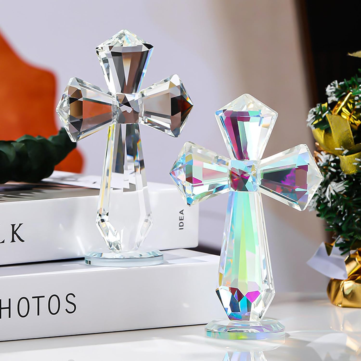 Hand-Carved Crystal Cross Desk Decor - 6 Inch Spiritual Gift for Christians, Clear K9 Crystal Religious Figurine with 360° Faceted Design, Home Altar & Office Inspirational Ornament