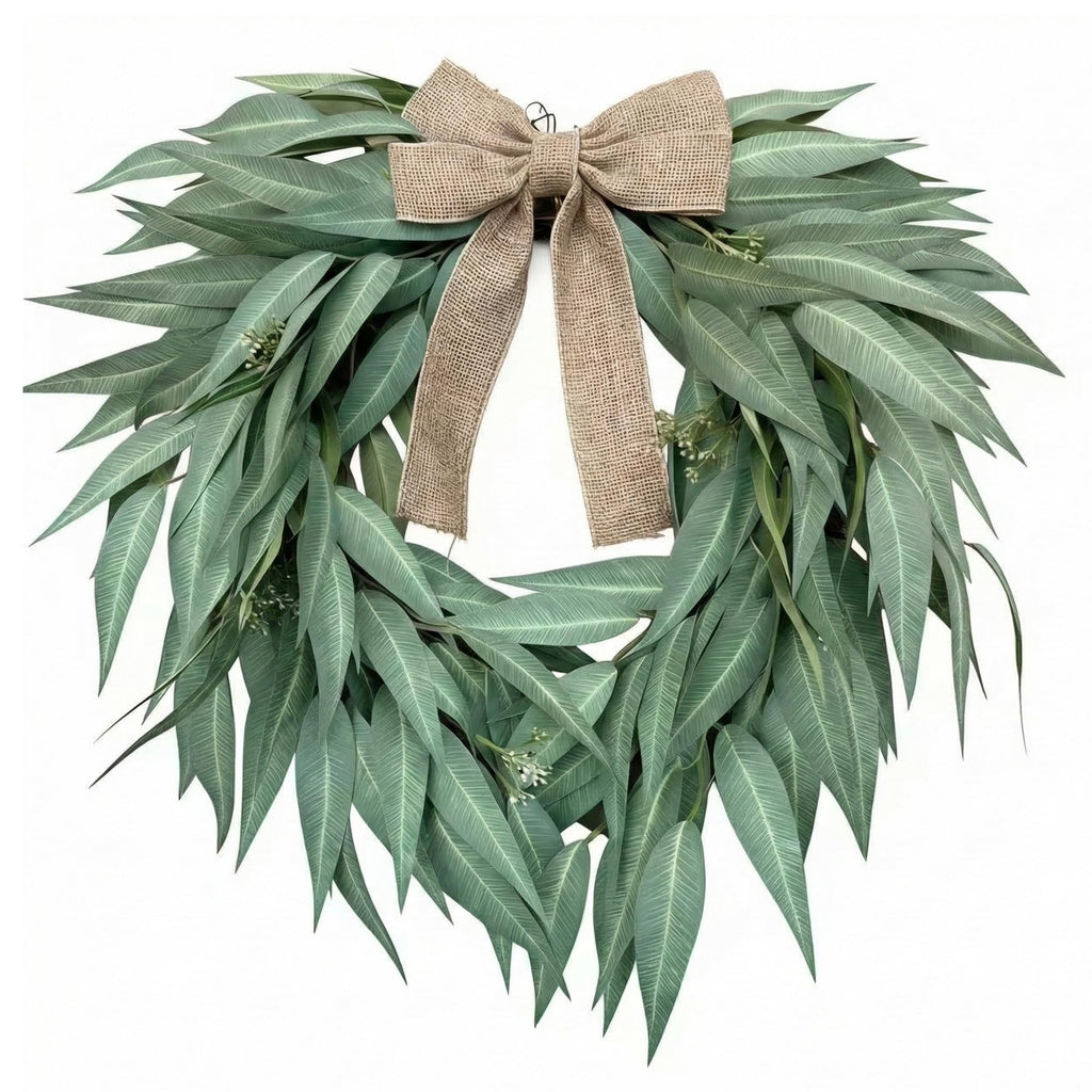 Heart Shaped Artificial Eucalyptus Wreath 20 Inch – Faux Willow Leaves with Burlap Bow, Farmhouse Greenery Door Wreath for Front Door, St. Patrick’s Day, Wedding & Seasonal Home Decor